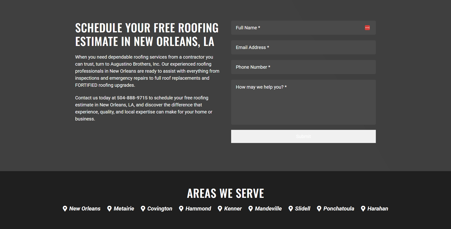 Augustino Brothers closing estimate section with service copy and contact form.