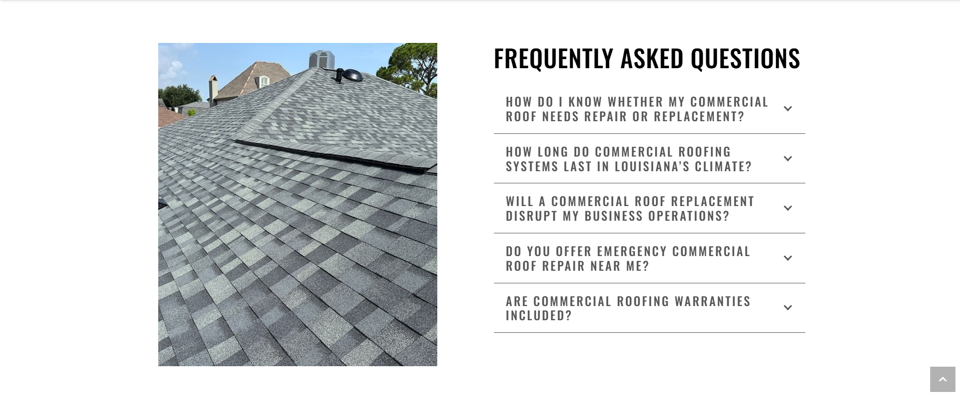 Augustino Brothers desktop frequently asked questions section beside a roofing photograph.