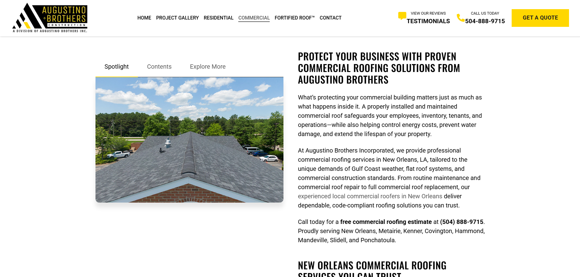Augustino Brothers commercial roofing page with tabbed local navigation beside service content.