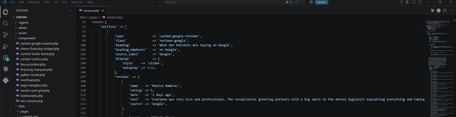 Code editor showing structured cached Google review component data.