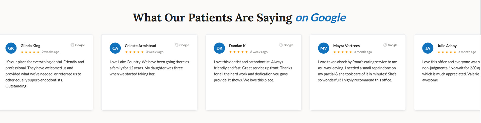 Row of cached Google review cards on the Lake Country Dental website.