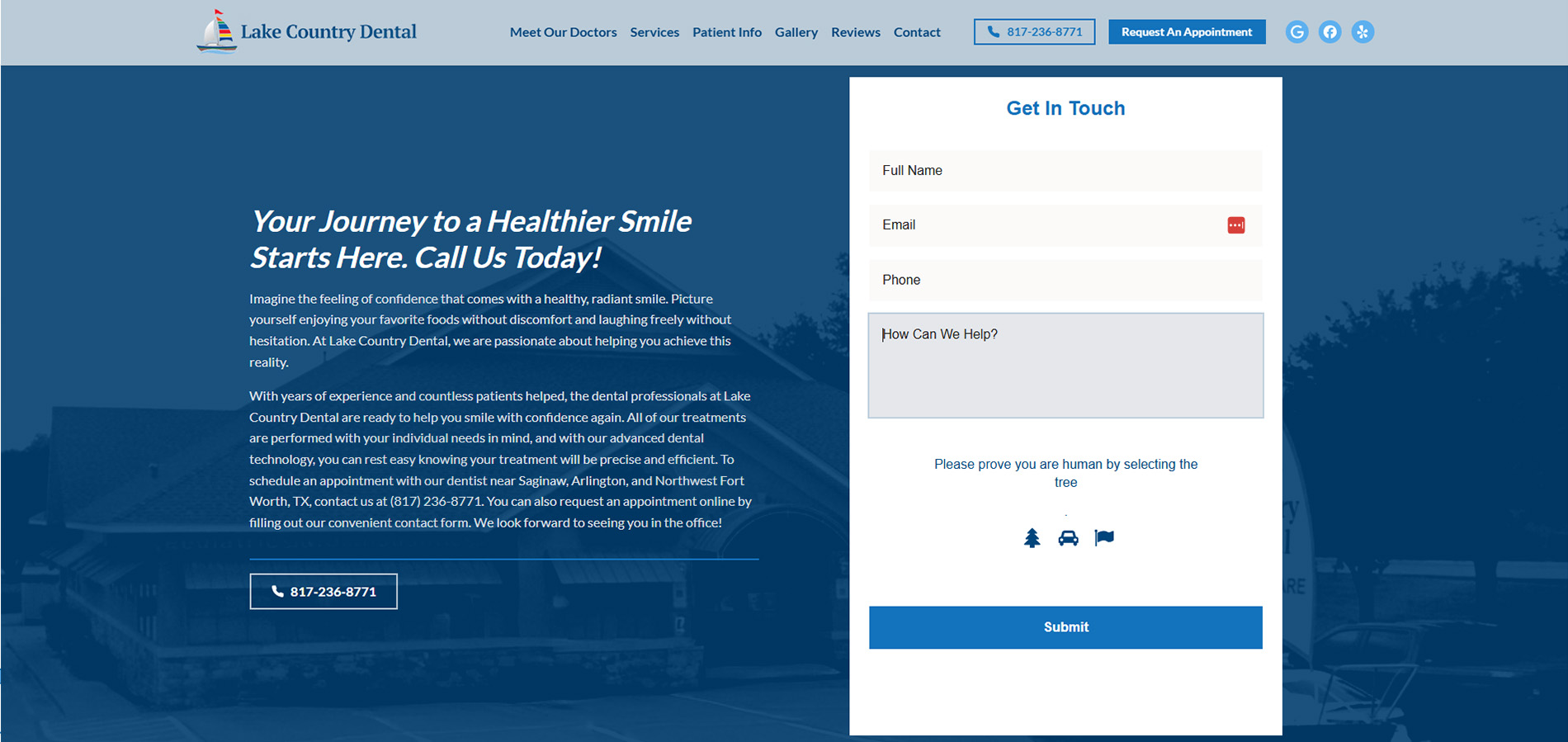 Lake Country Dental closing call-to-action with contact copy, phone link, and appointment form.