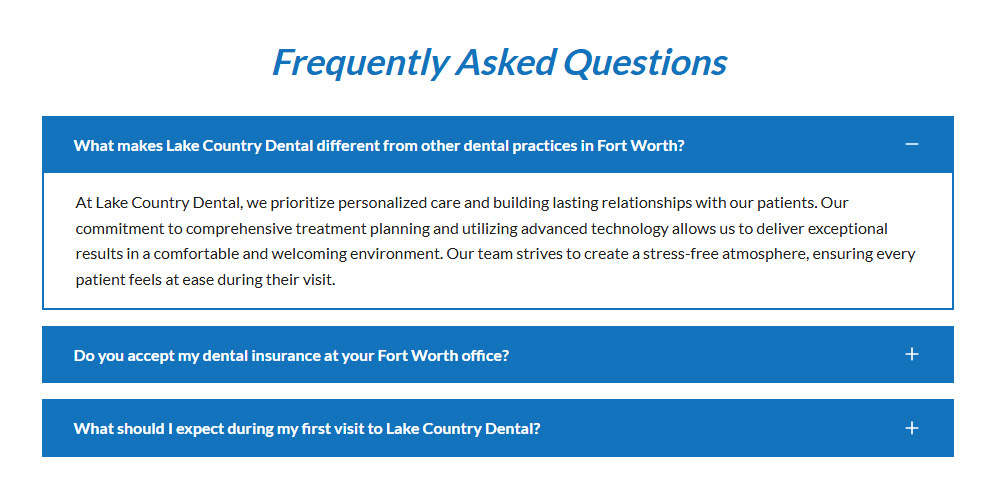 Lake Country Dental frequently asked questions accordion with one answer expanded.
