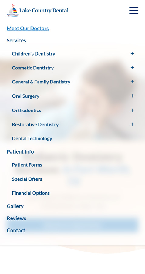 Expanded Lake Country Dental mobile navigation menu.