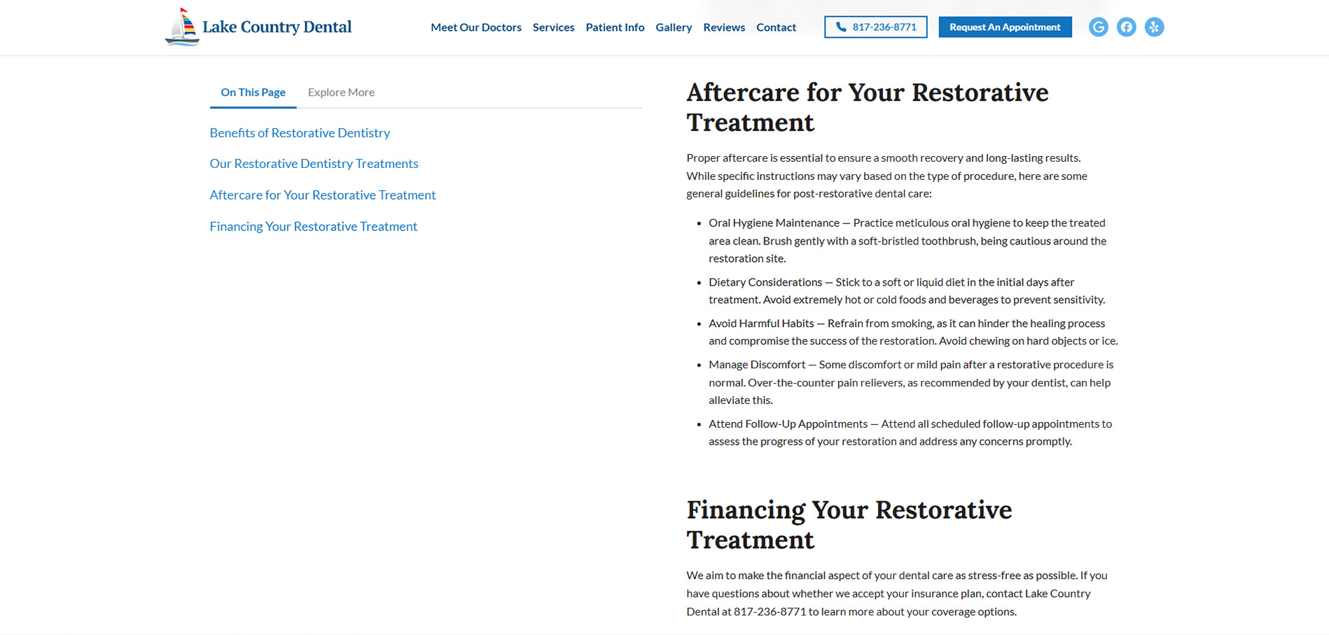Desktop restorative dentistry page with sticky on-page navigation beside article content.