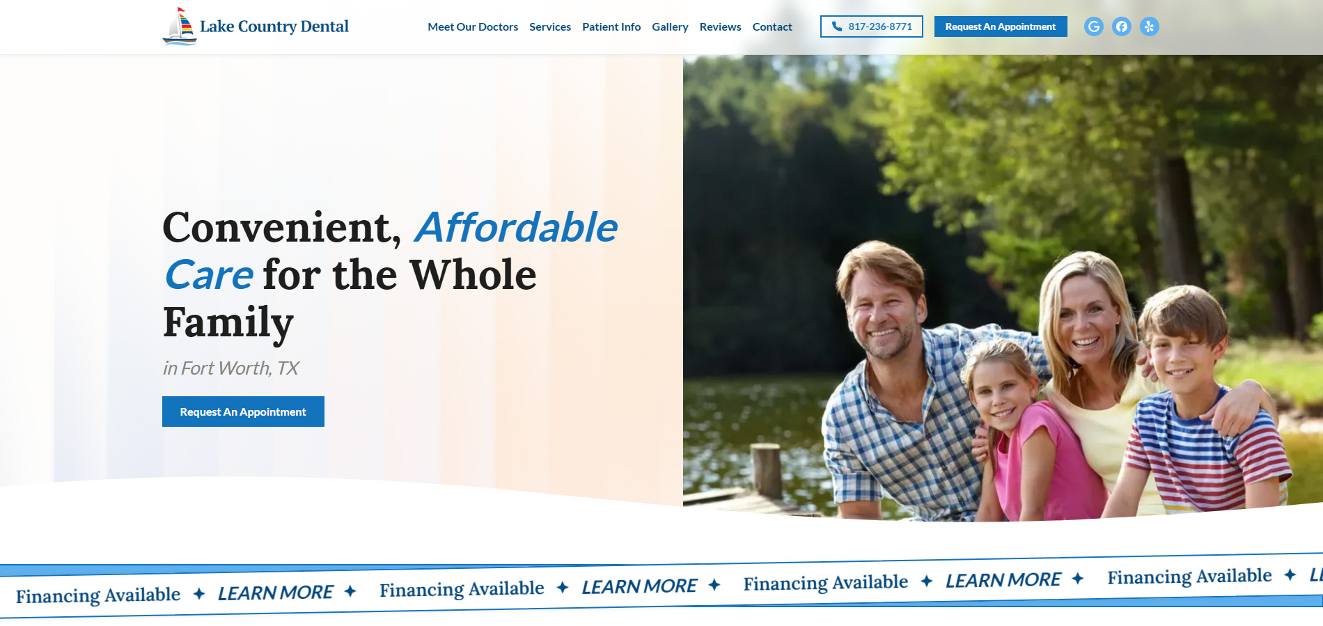 Lake Country Dental desktop homepage with split hero layout.