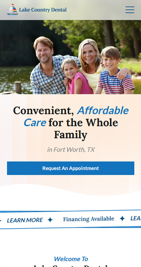 Lake Country Dental mobile homepage with vertically reorganized hero.