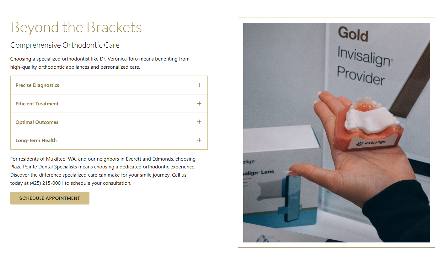 Desktop orthodontics content section with an accordion beside a framed treatment image.