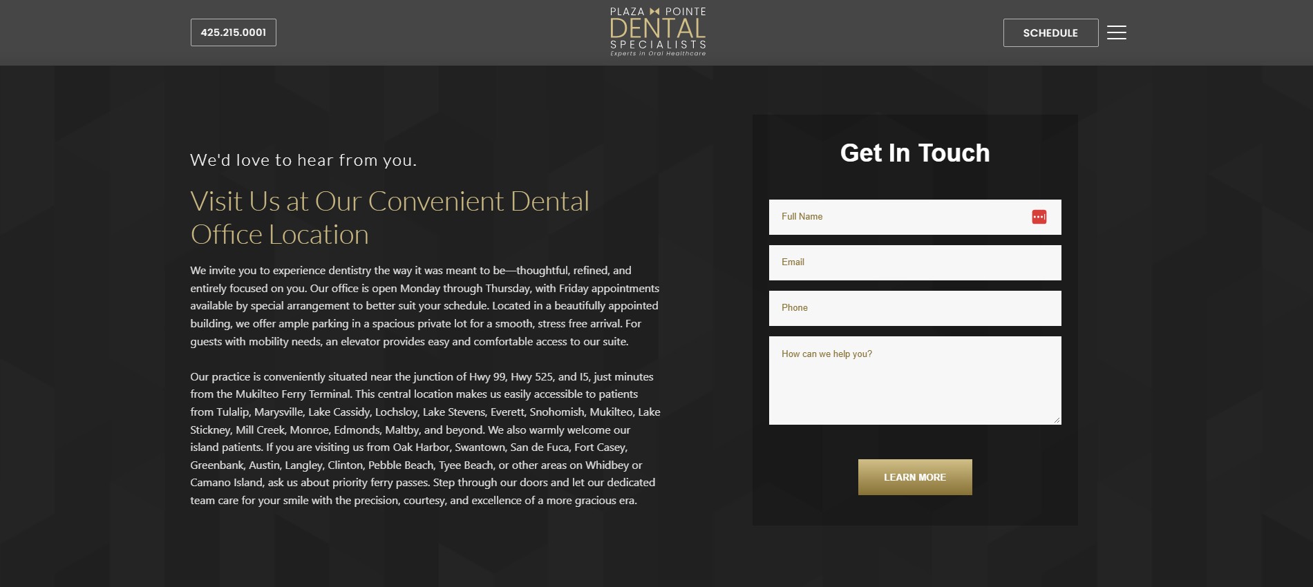 Dark closing contact section with office information and an embedded appointment form.