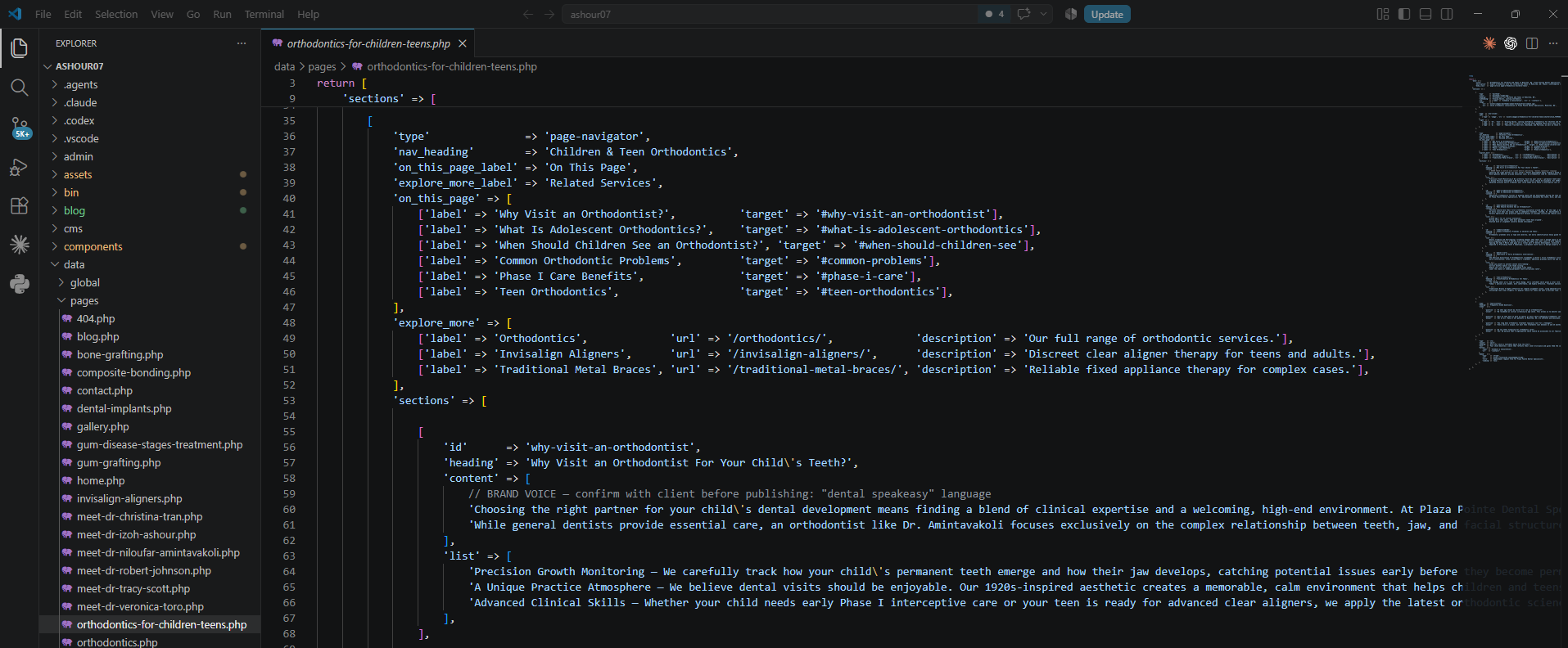 Code editor showing structured PHP configuration for page navigation and related services.