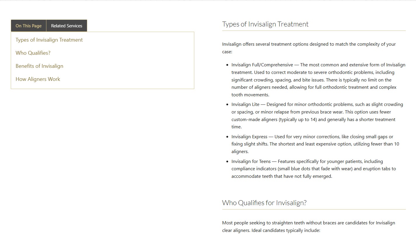 Desktop Invisalign page with on-page navigation beside long-form treatment content.