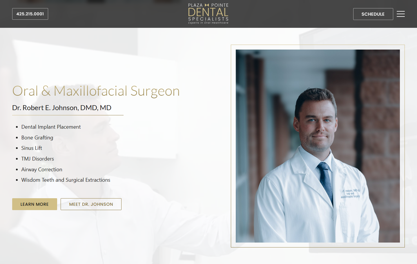 Desktop provider section pairing specialty details with a framed doctor portrait.