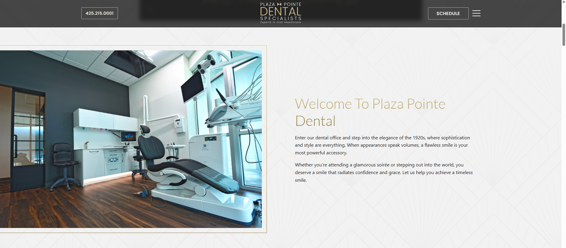 Plaza Pointe Dental Specialists desktop homepage with an office image and editorial welcome content.