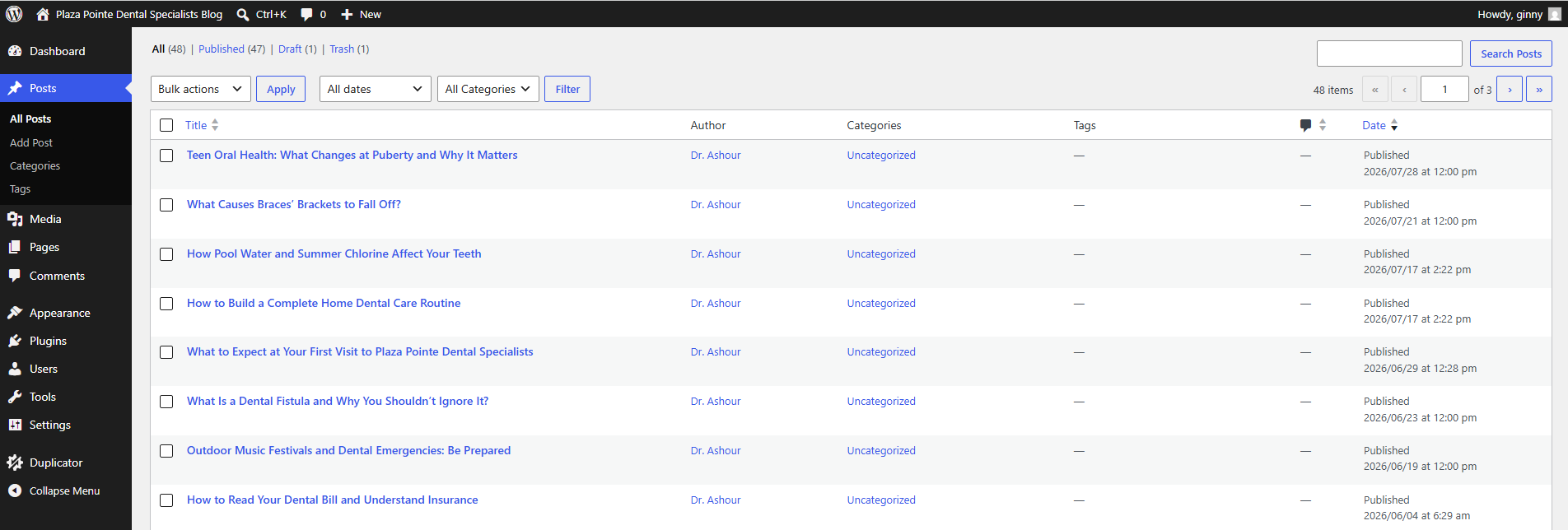 WordPress post list for the Plaza Pointe Dental Specialists blog.