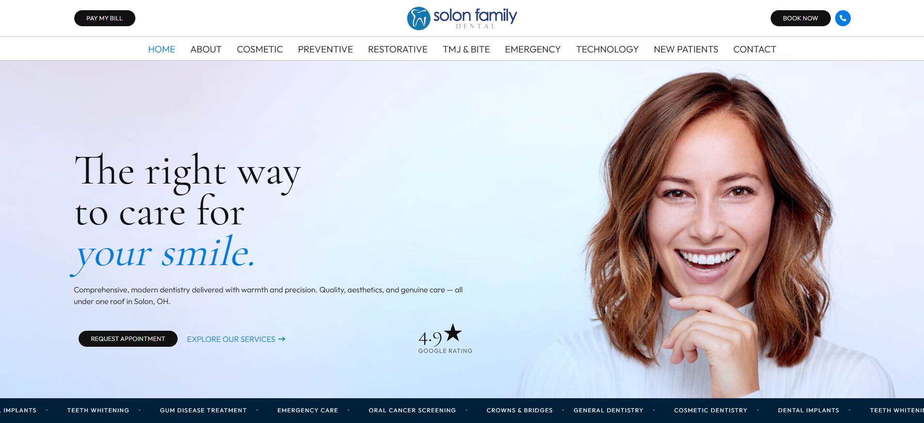 Solon Family Dental desktop homepage with a pale blue hero, editorial typography, and full navigation.