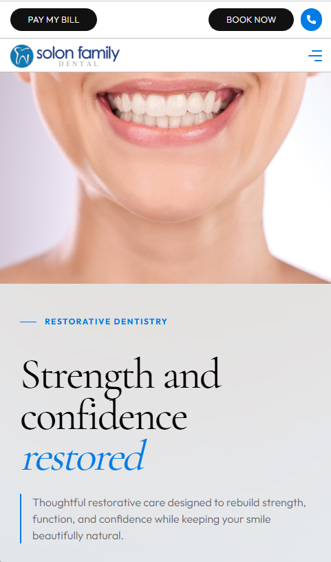 Solon Family Dental restorative dentistry page masthead on mobile.