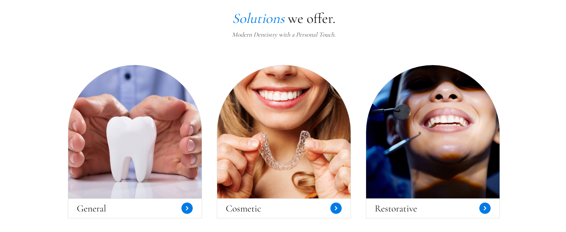 Solon Family Dental desktop service overview with three arched image cards.