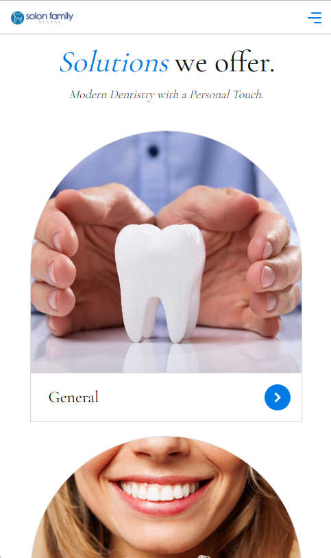 Solon Family Dental mobile service overview with vertically stacked arched image cards.